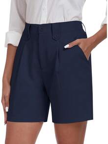 Dress Shorts Women Business Casual Summer Pleated Tailored Elastic Waist Work Office Trouser Shorts With PocketsA Valentine's Day LOS7 - 藏蓝色 - 查看 1