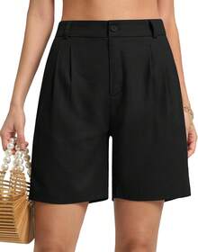 Women's Linen Shorts Dress Casual Wide Leg Summer Pleated Shorts High Waisted With Pockets 10A Valentine's Day 125J - 黑色 - 查看 7
