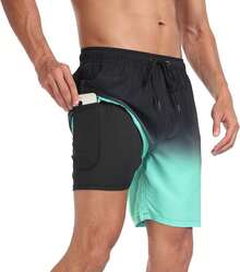 Mens Swim Trunks With Compression Liner Inch Inseam Quick Dry 2 In 1 Beach Board Shorts With Pockets S-3XLA Valentine's Day 9FML - C Gradient Green - View 6