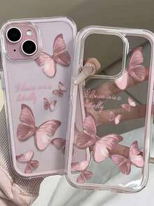 1pc Fashionable Pink Butterfly & English Text Pattern Personalized Frame Transparent Shockproof TPU Phone Case Compatible With IPhone 11 12 13 14 15 16 17 Pro Max - Multicolor - View 3