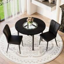 Modern Minimalist Round Table Set (With 2 Black PU-Material Armchairs And Black Metal Legs), Round Table With A 100 Cm Diameter In Black Wood Look, Suitable For Living Room Etc. - Black - View 3