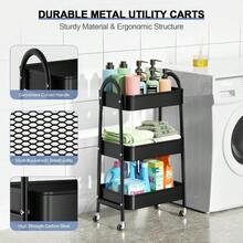 3-Tier Utility Rolling Cart With Handle And Lockable Wheels, Metal Storage Organizer With Mesh Baskets For Kitchen, Living Room, Office, And Garage (Black) - Black + Normal - View 3