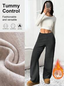 Women's High Waist Fleece Wide Leg Pants - Solid Color, Soft Brushed Comfortable Loose Fit, Warm Design, Casual Pants For Autumn/Winter, Outdoor Versatile Straight Leg Trousers With Elastic Waistband - Dark Grey - View 5