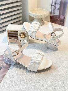 White Pleated Wide Strap Sandals - Cushioned Sole, Transparent Chunky Heel, Adjustable Ankle Strap - White - View 1