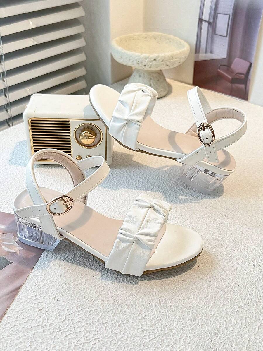 White Pleated Wide Strap Sandals - Cushioned Sole, Transparent Chunky Heel, Adjustable Ankle Strap - White - View 1