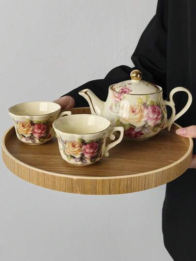 1pc/2pcs Vintage European Style Gold Rimmed Ceramic Teapot, Tea Cup, Palace Floral Teapot, Herbal Tea Cup, Home Afternoon Tea Pot, Latte Art Cup, Juice Beverage Cup, Coffee Pot, Water Pitcher, Holiday Gift