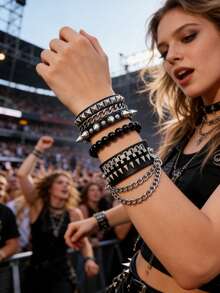 1 Set Punk Rock Rivet Skull Star Bracelet, Spiked Rivet Strap Bracelet, PU Leather Cuff, Biker Chain Bracelet, Unisex, 80s 90s Wristband Chain Bracelet, Black Gothic Steampunk Style, Adjustable, Unisex Fashion Retro Accessory, Halloween Party Gift - Advanced Black - View 16