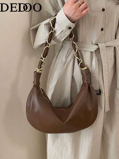 Dedoo 202新款黑色牛角包链条单肩包，女士高端风格，时尚百搭的通勤手提包，配有独特的肩带