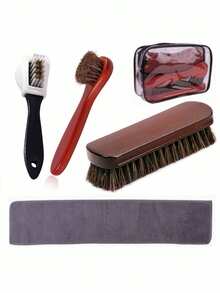 4件套马毛鞋刷套装，抛光刷，皮革鞋靴护理刷，天鹅绒鞋布 - 彩色 - 查看 13