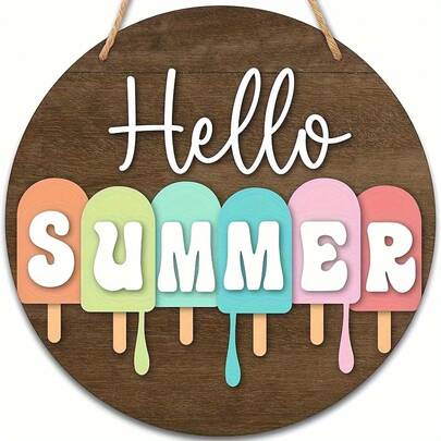 1pc Hello, Summer Home Decor Wooden Sign, 8inch Farmhouse Popsicle Door Sign, Front Door Wall Indoor And Outdoor Decorative Country Welcome Hanging Sign