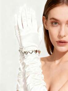 1 Pair Women's Pink Heart Satin Ruffle Long Gloves, Suitable For Dates, Weddings, Parties, Bridal Arm Sleeves