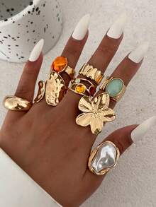 8件套波西米亚几何不规则花朵巴洛克仿珍珠水钻镶嵌时尚戒指套装，奢华优雅，日常、节日、派对珠宝礼品，女士之选 - 戒指 - 查看 3