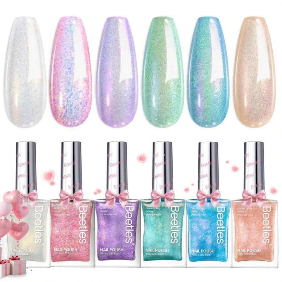 Beetles Glitter Nail Polish Set, 6 Colors Dreamy Pastel Pearl Quick Dry Nail Polish Kit, Long Lasting Shine DIY Manicure Gift For Women Girl Christmas Nail Art - ColorG - 查看 1