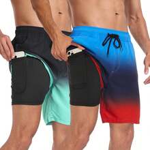 Mens Swim Trunks With Compression Liner Inch Inseam Quick Dry 2 In 1 Beach Board Shorts With Pockets S-3XLA Valentine's Day 9FML - 2 件裝(漸層黑和漸層綠) - 查看 6
