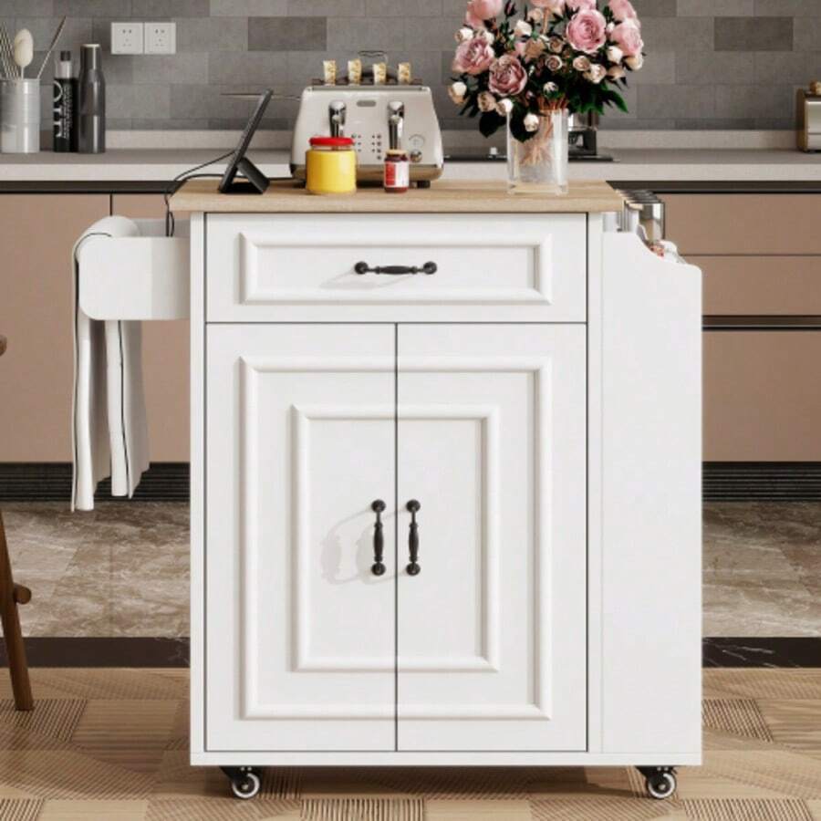 Kücheninsel Küchenwagen Auf Rollen Mit Klappbar Arbeitsplatte, Schublade, Küchenschrank Rollbar Mit Einlegeboden, Handtuchstange, Gewürzregal, Servierwagen - 白色 - 查看 1