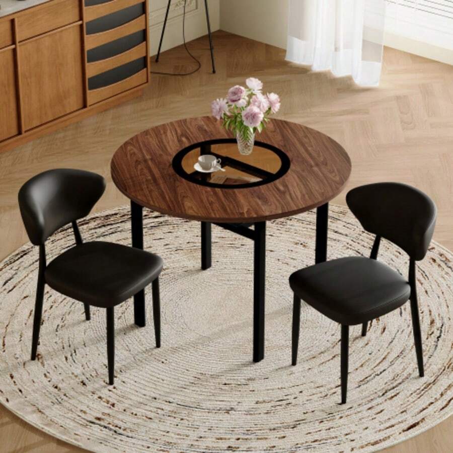 Modern Minimalist Round Table Set (With 2 Black PU Material Armchairs With Curved Backrests), Round Table With A 100 Cm Diameter In Wood Look, Designed For Dining Room & Kitchen. - Brown+Black+Glass+Metal+PU Leather+Seats 2 - View 1