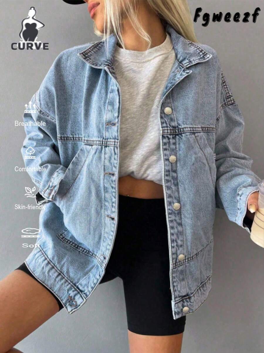 Spring Plus Women's Denim Jacket (Ultra Loose Light Washed Slanted Pocket), Solid Color Slanted Pocket, Casual Loose, New Year Jacket, Spring Fashionable Denim Jacket, Suitable For All Seasons, Button Front, Casual Outdoor Jacket, Valentine's Day Essential Women's Fashionable Denim Jacket Single Item Gift - Màu xanh lam - Xem 1