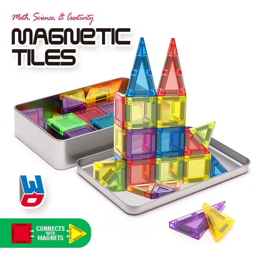 20片/38片/60片迷你磁性积木套装(带铁质收纳盒),儿童磁性拼插片,便携式创意玩具,旅行必备,适合3岁以上儿童的STEM旅行玩具,男孩女孩的理想生日礼物 - 彩色 - 查看 1