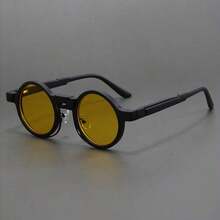 Unisex Steampunk Round Retro Hip-Hop Glasses - Black Frame With Yellow Decorative Lenses, Lightweight And Durable Design, Includes Protective Case, Suitable For (132-138mm) Casual Wear, Fashionable Design, High-Quality Lenses, Unisex Glasses, Explorer - 黑黃 - 查看 1