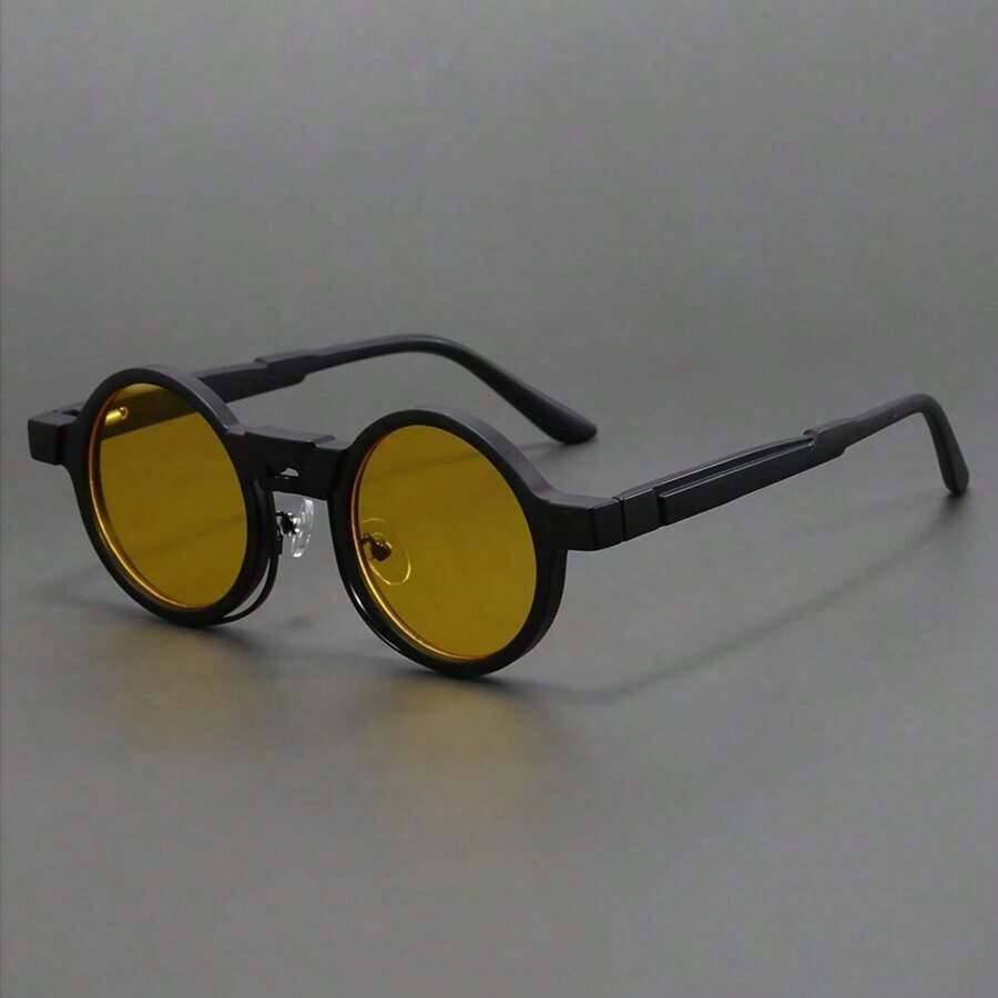 Unisex Steampunk Round Retro Hip-Hop Glasses - Black Frame With Yellow Decorative Lenses, Lightweight And Durable Design, Includes Protective Case, Suitable For (132-138mm) Casual Wear, Fashionable Design, High-Quality Lenses, Unisex Glasses, Explorer - 黑黃 - 查看 1