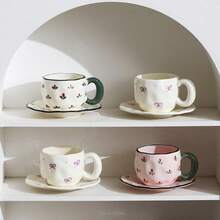 釉下彩陶瓷手绘咖啡杯碟套装，高品质可爱拉花马克杯碟套装 - 彩色 - 查看 3