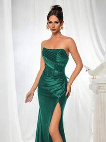VIPGIRL Green Spaghetti Strap Pleated Women's Evening Gown Maxi Dress - Green - View 5