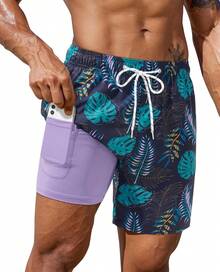 7inch Mens Swim Trunks: With Compression Liner Zipper Pocket Drawstring Quick Dry Stretch Lined Tree Beach PoolA Valentine's Day EEC3 - Blue Green Palm Leaf - View 7