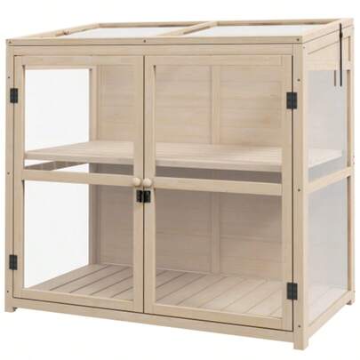 Cold Frame Made Of Wood, Two-Level Greenhouse With Double Door And Roof Window, Wind-Resistant, Natural Finish, 103 X 61 X 103 Cm