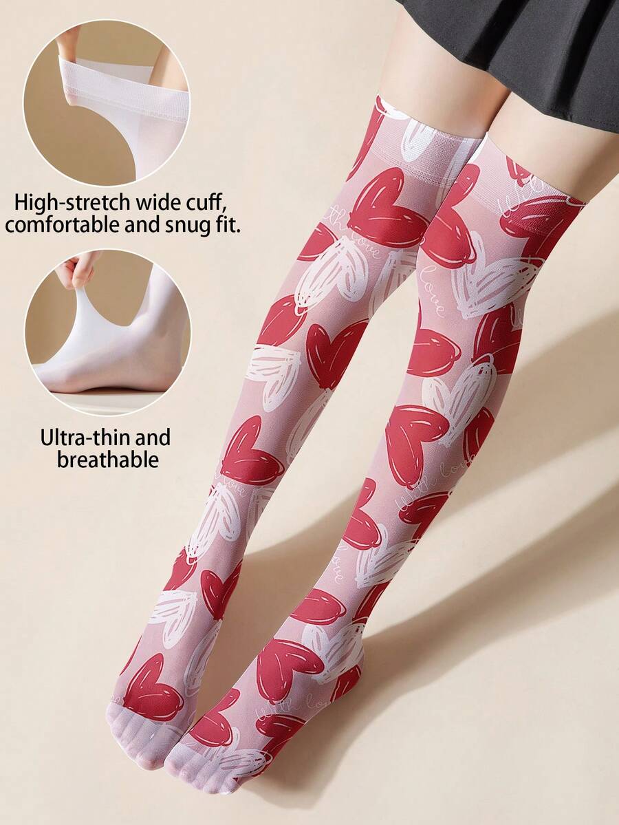 1/2 Pair Women's Thin Heart Pattern Over-The-Knee Stockings, 360 Printed, Lightweight & Breathable, Leg-Shaping, Sweet & Cool Style, Essential For Party Outfits, Adheres To Legs Without Falling, Girlish Vibe - Multicolor - View 1