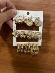 7对时尚金色海星贝壳不对称耳环，适合海滩、旅行和日常佩戴