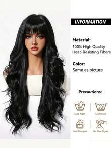26英寸黑色卷发假发，带刘海，女士款 - 柔软耐热合成纤维 - 适合日常佩戴、派对、万圣节和角色扮演 - 彩色 - 查看 8