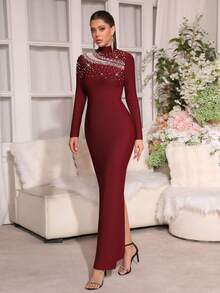 Modphy Elegant Party High Collar Pearl Mesh Patchwork Fitted Long Dress - Burgundy - View 7