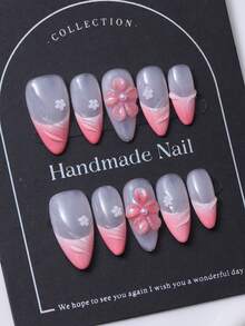 10片/套 手工杏仁形美甲贴纸，Y2K粉色法式风格，3D立体雕刻图案，手绘渐变仿珍珠美甲装饰。包含1片果冻胶和1个指甲锉。适合日常佩戴和音乐节造型，是美甲贴纸和美甲护理产品的理想之选。美甲用品 手工按压式美甲 - 粉色 - 查看 3