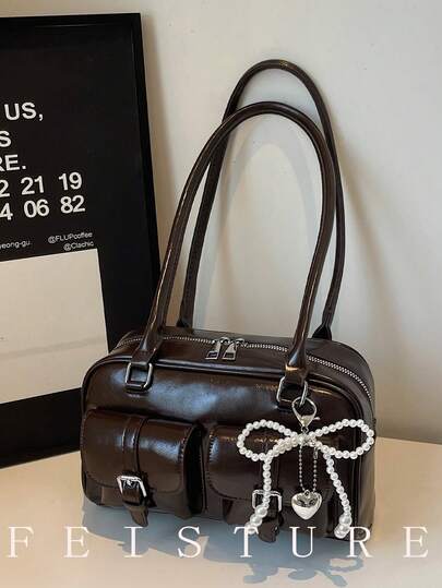 1個 無地 PU マルチポケット ボウリングバッグ レディース、肩掛け/脇下バッグ、パールのリボンデコレーション、ショッピング、デート、女性へのギフト、ティーンエイジャー、大学生、初心者、OL向け、オフィス、キャンパス、通勤に最適