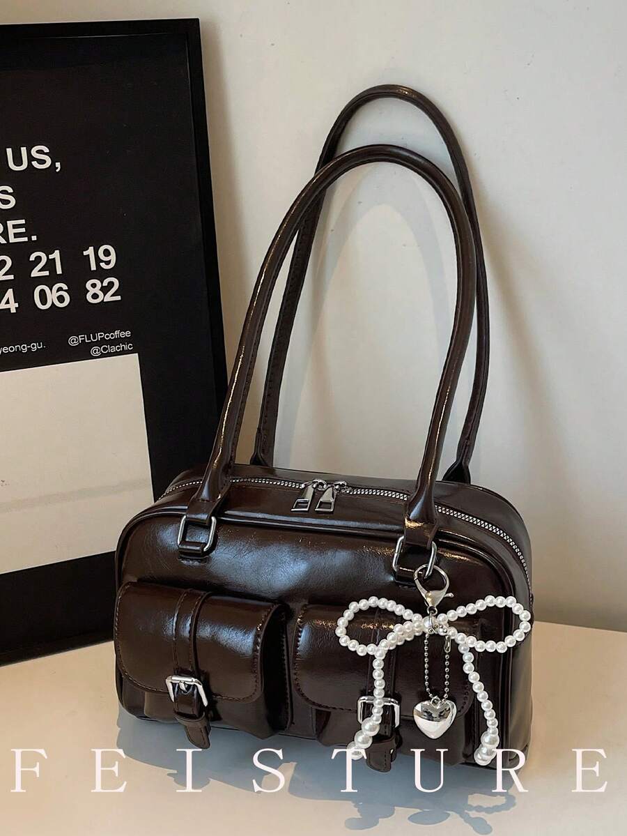 女士纯色PU多口袋保龄球包，单肩/腋下两用，饰有珍珠蝴蝶结，适合购物、约会、作为女士礼物，也适合青少年女孩、大学生、初学者和白领，是办公室、校园、工作和通勤的理想之选。