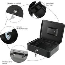 1 个大型重型金属现金箱，带锁和现金托盘 - 安全钥匙锁，配有 2 把钥匙，可拆卸硬币和纸币隔层，坚固的提手，适用于家庭、办公室和零售场所。黑色现金箱，用于存放纸币、硬币和贵重物品。- 专为收银员、小型企业和零售环境设计，配有可拆卸硬币托盘、安全机制和不锈钢提手 - 办公室/商店 - A - 查看 2