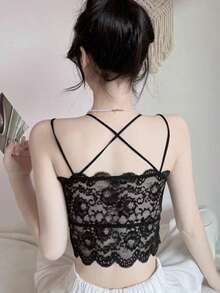 女士保暖内衣上衣，带衬垫文胸，保暖内衬，蕾丝打底衫 - 黑色 - 查看 2
