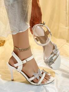 Women's Elegant French Stiletto Heel Sandals Round Toe Rhinestone Embellished 3D Floral Dress Sandals For Party Dating - White - View 9
