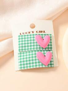 2pcs/Set Girls' Colorful Plaid Heart Decor Hair Clips, Sweet Fabric Hair Barrettes, Versatile Cute BB Hair Accessories - 2 Pieces Per Set - View 3