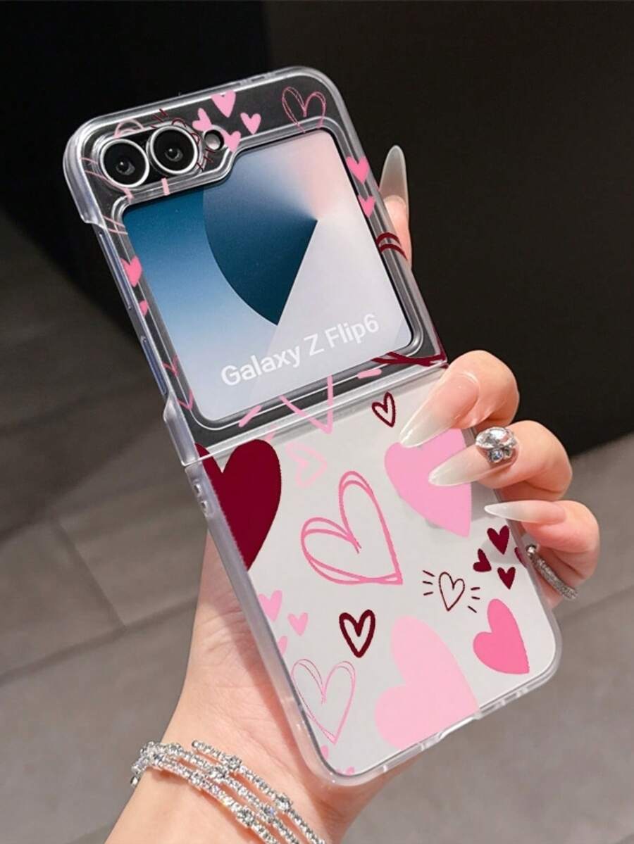 1pc Fashionable Minimalist Matte PC Material Cute Full Screen Heart-Shaped Folding Phone Case, Protective And Anti-Drop: Compatible With Samsung Galaxy Zflip 3/Zflip 4/Zflip 5/Zflip 6/Zflip 7, Find N3 Flip, Razr 50 Ultra, Razr 60 Ultra, Razr 60, Rolla Razr 50, MIX Flip, Galaxy Z Flip7 FE - Clear - View 1