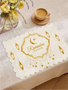 Set Of 1/4/6 Pieces, Ramadan Series, Eid Mubarak, 12*18 Inch Arched Patterned Frame With Star And Crescent Symbols, Hanging Multiple Golden Hollow Lanterns, Decorated With Golden Star Patterns, Festive Greeting Pattern Printed Polyester-Linen Placemats, Table Mats, Heat-Resistant Mats, Kitchen Decorative Mats, Western-Style Dining Table Mats, Table Decoration - Multicolor - View 3
