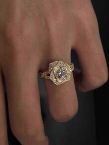 1pc Luxury 3D Rose Zirconia Stone Vintage Floral Design Copper Ring, Suitable For Evening Party, Wedding, Vacation