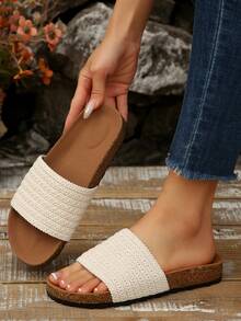 女士时尚百搭编织透气平底凉鞋，适合大码身材，夏季款 - 白色 - 查看 2