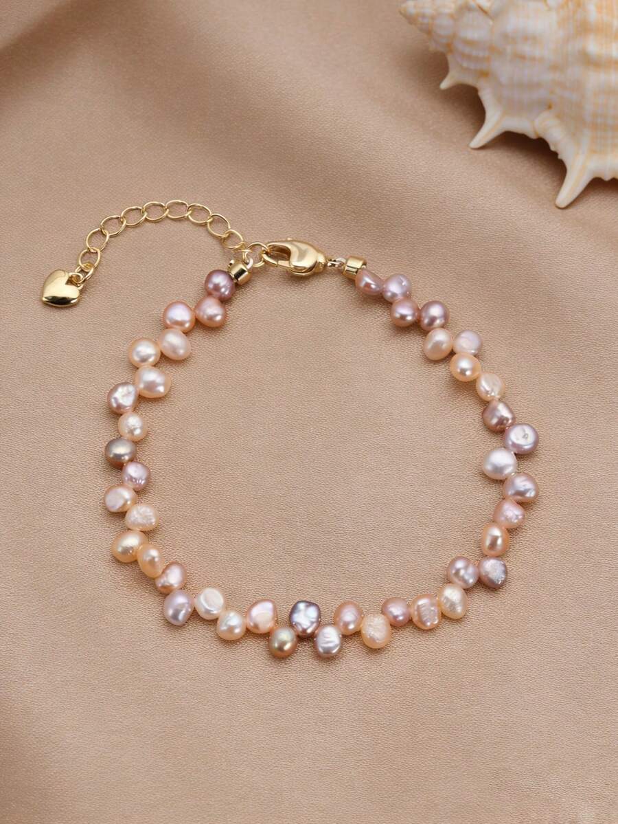 1pc 18K Gold Plated Natural Asymmetrical Pearl Teardrop Anklet, Mother's Day, Valentine's Day, Birthday, Wedding, Engagement, Bridal Gift - Pink - View 1