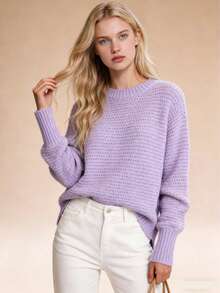 Women's Mock Neck Chunky Knit Sweater, Oversized Textured Multi-Color Pullover, Cozy & Stylish Spring Essential, Elegant Side Split Long Sleeve Jumper, Casual Spring Knit Top, Transitional Layer Piece, Perfect For New Year & Valentine's Day - 紫色(升級款) - 查看 2