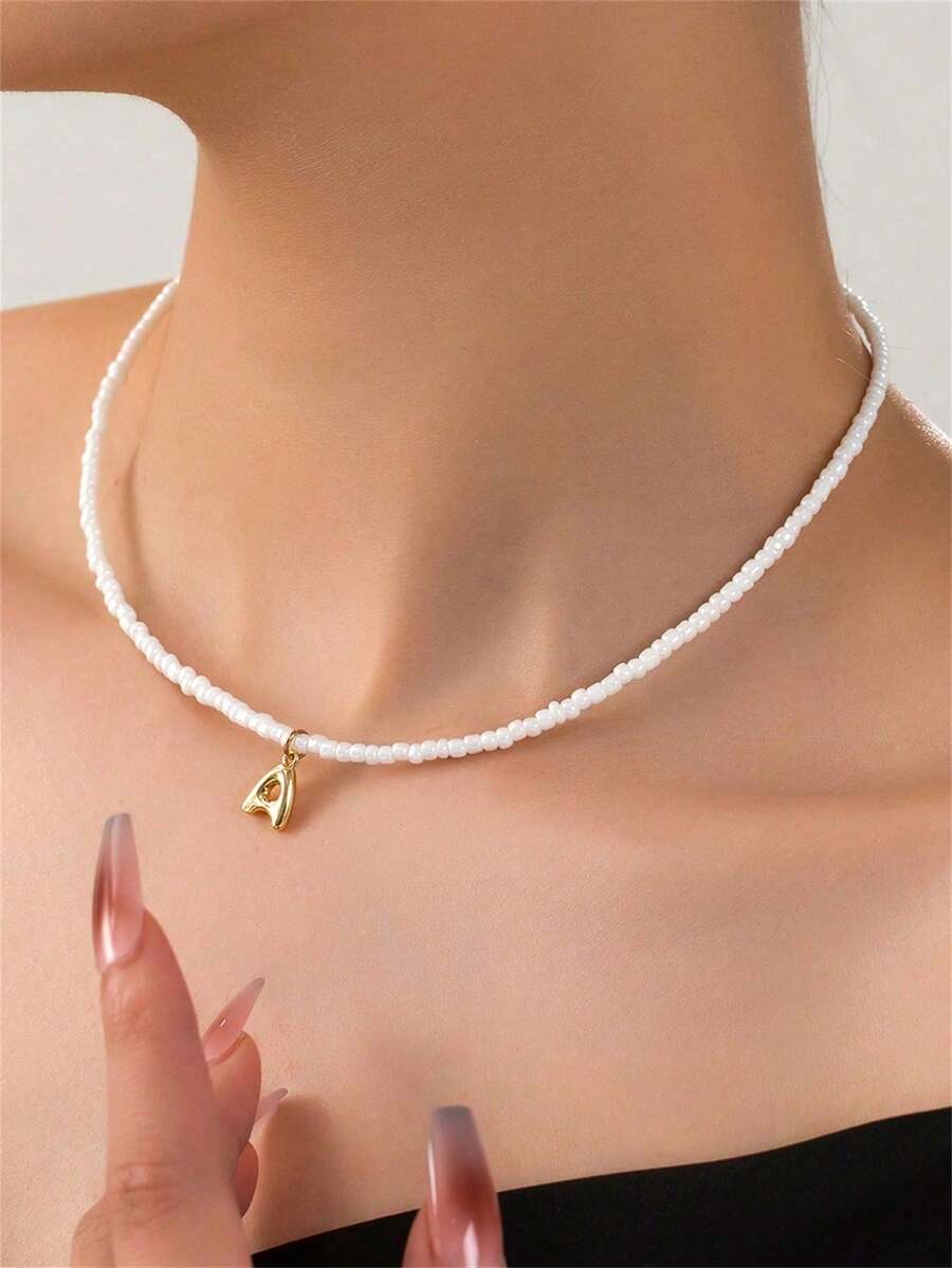 1pc Gold Stainless Steel Bubble A-Z Initial Necklace, Seed Beads, Adjustable Chain, Elegant Fashion Jewelry For Women, Summer Beach Gift - Multicolor - View 1