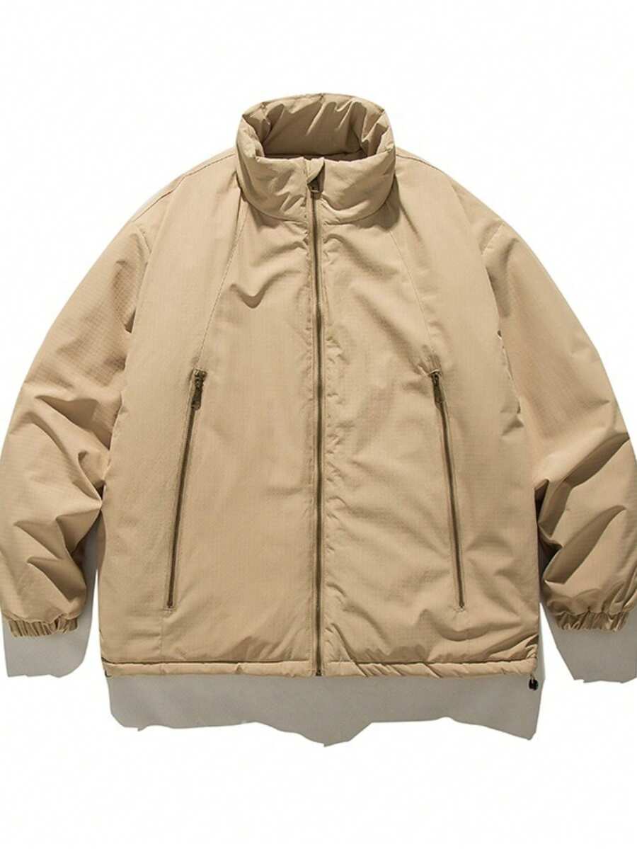 Abrigo de algodón vintage japonés unisex con cuello alto y cremallera larga holgado y versátil en color caqui diseño moderno - Color caqui [Alta calidad original] - Ver 1