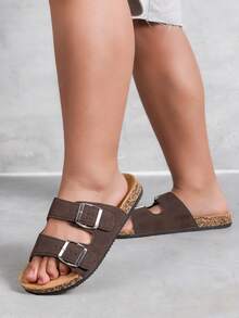 Sandalias de hombre de ajuste ancho, suela de PVC con cojín grueso, diseño de correa doble ajustable - Zapatos de playa de verano de punta abierta, adecuados para salidas casuales, color negro y blanco, transpirables, material transpirable - Café integral - Ver 4
