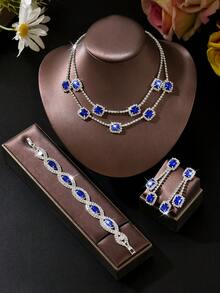 4件套水钻首饰，包括（1条项链+1对耳环+1条手链），时尚百搭，适合女性日常佩戴、婚礼、派对和其他场合。 - 848592 - 查看 9