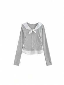 女士法式灰色长袖T恤，春秋新款，波点蝴蝶结圆领露脐上衣 - 灰色 - 查看 6